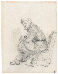 Oude man met tulband, zittend in profiel, naar links draaiend door Rembrandt van Rijn