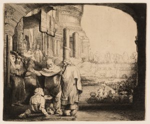 Petrus en Johannes genezen de kreupele bij de tempelpoort door Rembrandt van Rijn