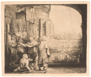 Petrus en Johannes genezen de kreupele bij de tempelpoort door Rembrandt van Rijn