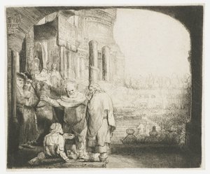 Petrus en Johannes genezen de kreupele bij de tempelpoort door Rembrandt van Rijn