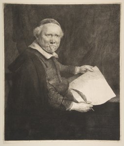 Portret van Lieven Willemsz van Coppenol, Schrijfmeester de grotere plaat door Rembrandt van Rijn