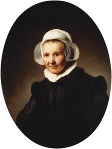 Portret van een Dame, 62 jaar, mogelijk Aeltje Pietersdr. Uylenburgh, vrouw van Johannes Cornelisz. Sylvius, halve lengte in zwart kostuum door Rembrandt van Rijn