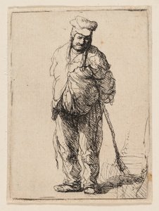 Haveloze boer met zijn handen achter zijn rug, een stok vasthoudend door Rembrandt van Rijn