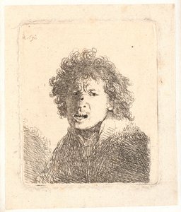Rembrandt met ontbloot hoofd en open mond, alsof hij schreeuwt: buste