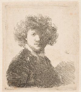 Rembrandt zonder hoed, met dik, krullend haar en een smal wit kraagje: borstbeeld door Rembrandt van Rijn