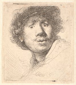 Rembrandt met een pet, mond open en starend: buste in omtrek