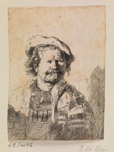 Rembrandt met een platte pet en een geborduurde jurk door Rembrandt van Rijn