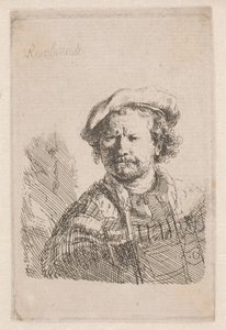 Rembrandt met een platte pet en een sjaal om zijn schouders
