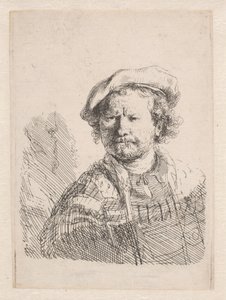 Rembrandt met een platte pet en een sjaal om zijn schouders door Rembrandt van Rijn