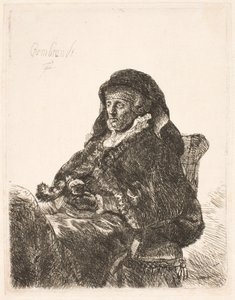Rembrandts moeder in weduwekleding en zwarte handschoenen door Rembrandt van Rijn