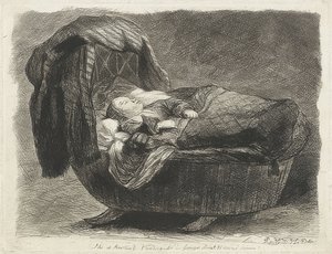 Slapend kind in een wieg door Rembrandt van Rijn