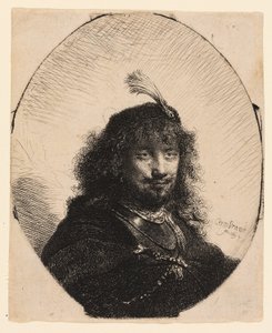 Zelfportret (?) met gevederde hoed en neergelaten sabel