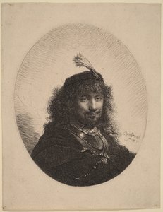 Zelfportret () met een hoed met veren en een neergelaten sabel door Rembrandt van Rijn
