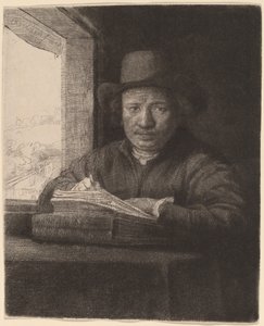 Zelfportret tekenen bij een raam door Rembrandt van Rijn