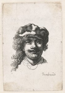 Zelfportret met een zachte pet: volledig gezicht, alleen hoofd