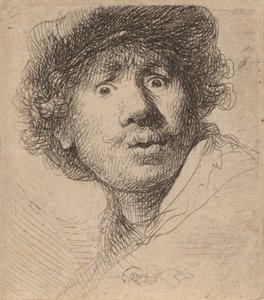 Zelfportret met een pet, mond open
