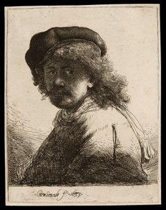 Zelfportret met een pet en sjaal met donker gezicht: buste