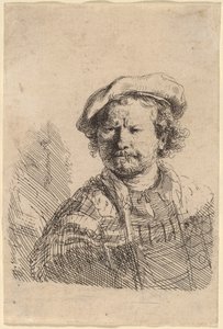 Zelfportret met een platte pet en geborduurde jurk
