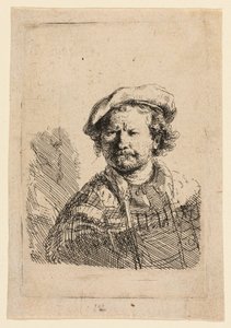 Zelfportret met een platte pet en geborduurde jurk