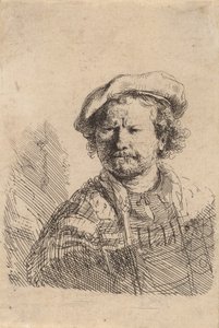 Zelfportret met een platte pet en geborduurde jurk