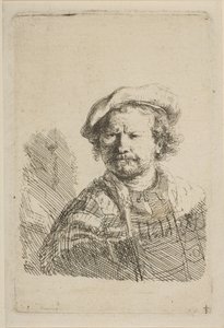 Zelfportret met een platte pet en geborduurde jurk door Rembrandt van Rijn