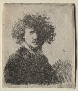 Zelfportret met krullend haar en witte kraag: Buste door Rembrandt van Rijn