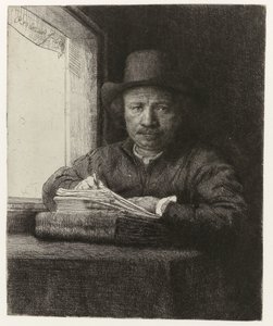 Zelfportret, ets bij een raam door Rembrandt van Rijn