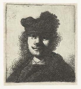 Zelfportret met een pet en donkere mantel: buste