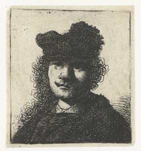 Zelfportret met een pet en donkere mantel: buste