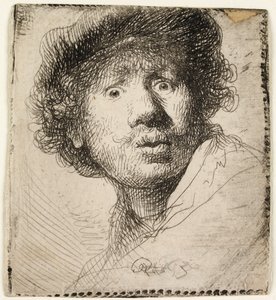 Zelfportret met een pet: mond open, 1630