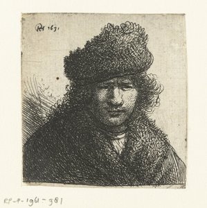 Zelfportret in een schuine bontmuts: buste door Rembrandt van Rijn