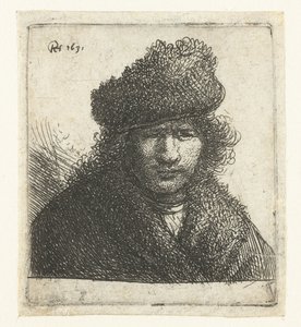 Zelfportret in een schuine bontmuts: buste door Rembrandt van Rijn