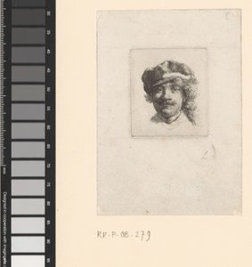 Zelfportret met een zachte pet op: volledig gezicht, alleen het hoofd door Rembrandt van Rijn