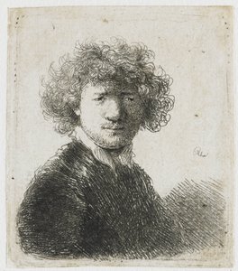 Zelfportret met krullend haar en witte kraag: buste door Rembrandt van Rijn