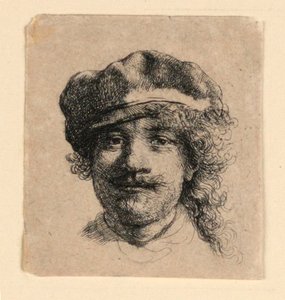 Zelfportret met een Zachte Pet: Gezicht van Voren, Alleen Hoofd door Rembrandt van Rijn