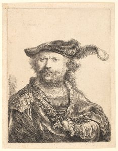 Zelfportret in een Fluwelen Muts met Pluim door Rembrandt van Rijn