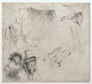 Blad met studies (met een vrouw ziek in bed) door Rembrandt van Rijn