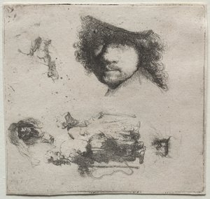 Blad met studies: Zelfportret, een bedelaarskoppel, enz. door Rembrandt van Rijn