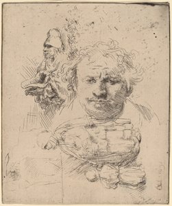Blad met studies van het hoofd van de kunstenaar, een bedelman, en vrouw en kind door Rembrandt van Rijn