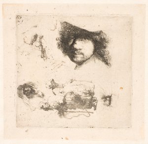 Blad met studies: hoofd van Rembrandt, bedelaarskoppel, hoofden van oude man en oude vrouw, enz. door Rembrandt van Rijn