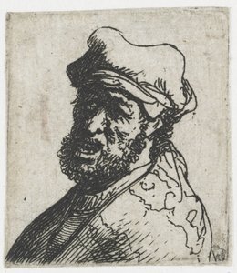 Blad met studies van mannenhoofden: schreeuwende man, driekwart profiel naar links: buste door Rembrandt van Rijn
