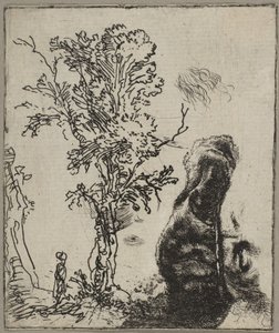 Blad met twee studies: een boom en het bovenste deel van een hoofd van Rembrandt met een vel..., ca. 1642 door Rembrandt van Rijn