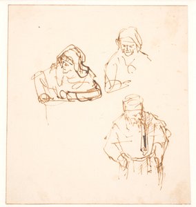 Schets met twee studies van een vrouw en één studie van een man door Rembrandt van Rijn