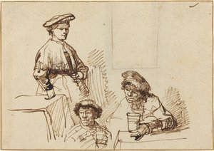 Schetsen uit een taverne: vrouw staand en twee mannen zittend door Rembrandt van Rijn