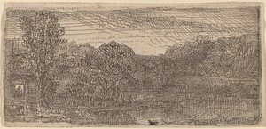Klein grijs landschap: een huis en bomen naast een vijver