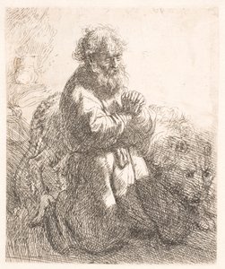 St. Hiëronymus knielend in gebed, naar beneden kijkend door Rembrandt van Rijn