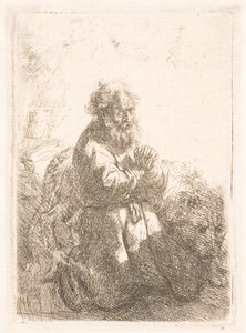 St. Hiëronymus knielend in gebed, naar beneden kijkend door Rembrandt van Rijn