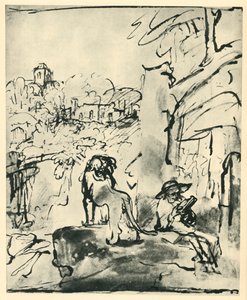 Sint Hiëronymus lezend in een landschap door Rembrandt van Rijn