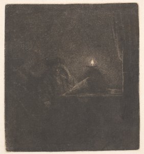 Een student aan een tafel bij kaarslicht door Rembrandt van Rijn