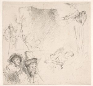 Studieblad, o.a. met een bedlegerige vrouw door Rembrandt van Rijn